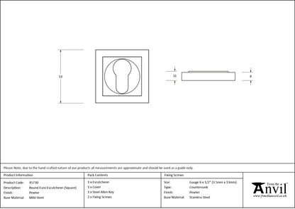 ESCUTCHEON ROUND EURO CNC SQUARE 53x53x8 PEW - 45730 by MARCHES (ANVIL) ARCHITECTURAL HARDWARE