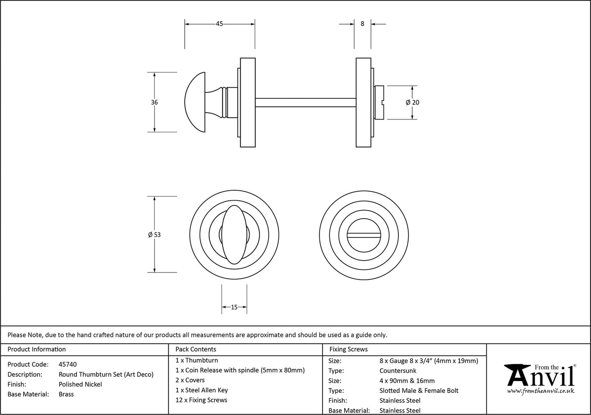 THUMBTURN SET ROUND CNC ART DECO 53x45 PNP - 45740 by MARCHES (ANVIL) ARCHITECTURAL HARDWARE