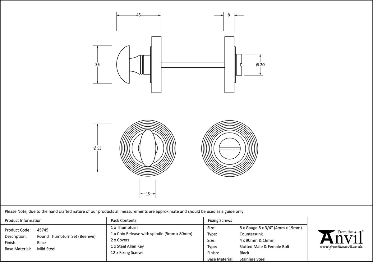 THUMBTURN SET ROUND CNC BEEHIVE 53x45 BLK - 45745 by MARCHES (ANVIL) ARCHITECTURAL HARDWARE