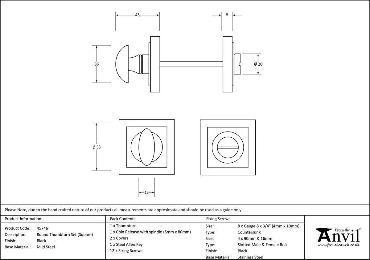 THUMBTURN SET ROUND CNC SQUARE 53x53x45 BLK - 45746 by MARCHES (ANVIL) ARCHITECTURAL HARDWARE