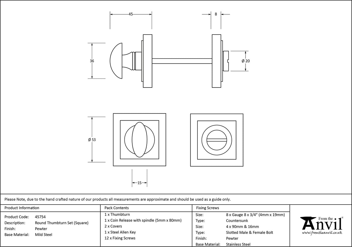 THUMBTURN SET ROUND CNC SQUARE 53x53x45 PEW - 45754 by MARCHES (ANVIL) ARCHITECTURAL HARDWARE