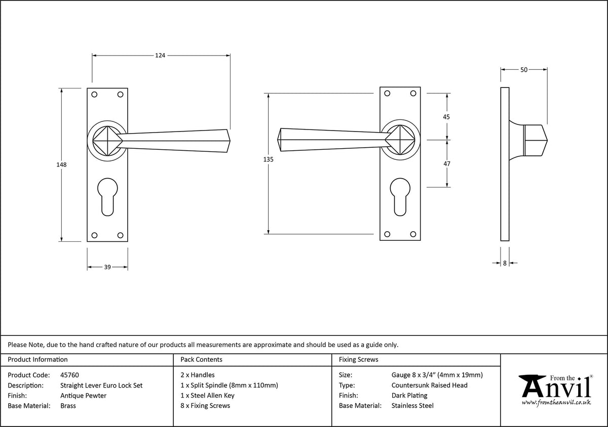 STRAIGHT LEVER HANDLE EURO LOCK 124x148x50 APW - 45760 by MARCHES (ANVIL) ARCHITECTURAL HARDWARE