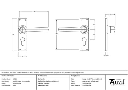 STRAIGHT LEVER HANDLE EURO LOCK 124x148x50 SCP - 45763 by MARCHES (ANVIL) ARCHITECTURAL HARDWARE