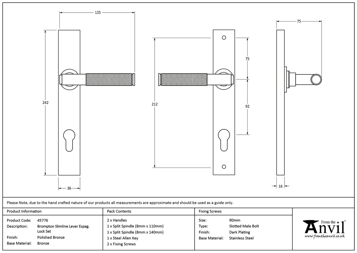 BROMPTON SLIM LEVER ESPAGNOLETTE LOCK 125x242x75 PBZ - 45776 by MARCHES (ANVIL) ARCHITECTURAL HARDWARE