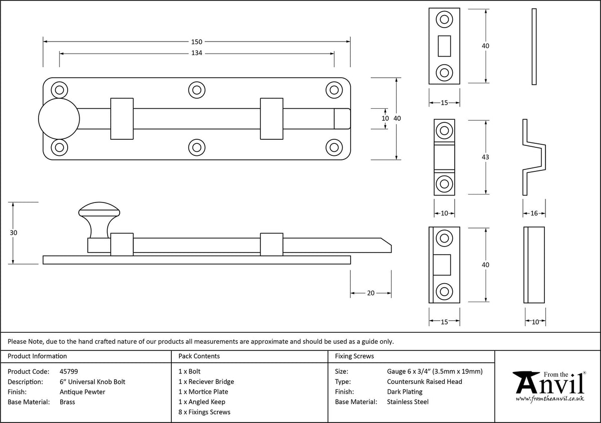 UNIVERSAL KNOB BOLT 150x40x30 APW - 45799 by MARCHES (ANVIL) ARCHITECTURAL HARDWARE