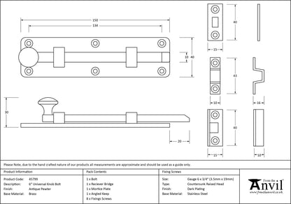 UNIVERSAL KNOB BOLT 150x40x30 APW - 45799 by MARCHES (ANVIL) ARCHITECTURAL HARDWARE