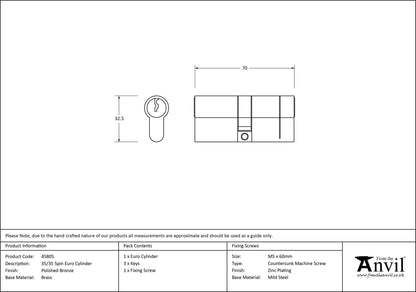 EURO CYLINDER 5PIN DIFFER 35/35 PBZ - 45805 by MARCHES (ANVIL) ARCHITECTURAL HARDWARE