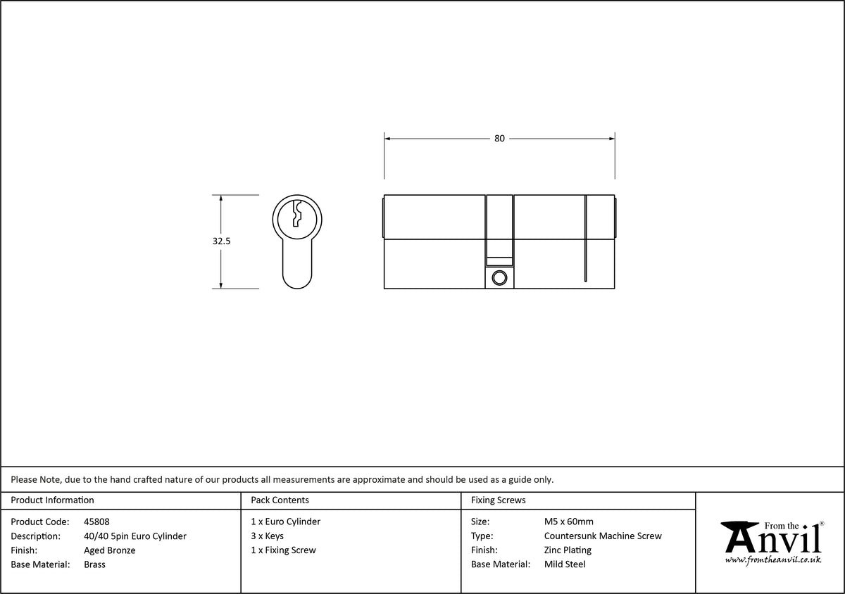 EURO CYLINDER 5PIN DIFFER 40/40 AGBZ - 45808 by MARCHES (ANVIL) ARCHITECTURAL HARDWARE