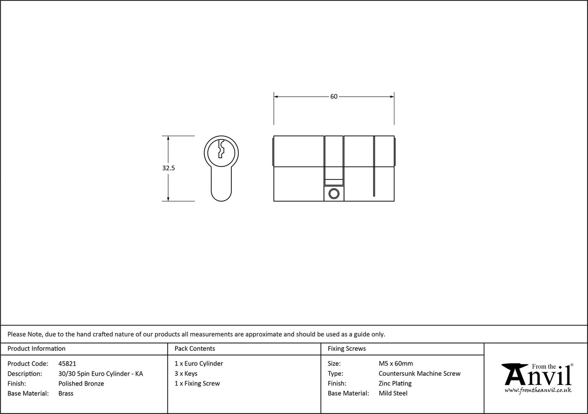 EURO CYLINDER 5PIN ALIKE 30/30 PBZ - 45821 by MARCHES (ANVIL) ARCHITECTURAL HARDWARE