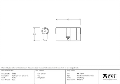 EURO CYLINDER 5PIN ALIKE 30/30 PEW - 45822 by MARCHES (ANVIL) ARCHITECTURAL HARDWARE