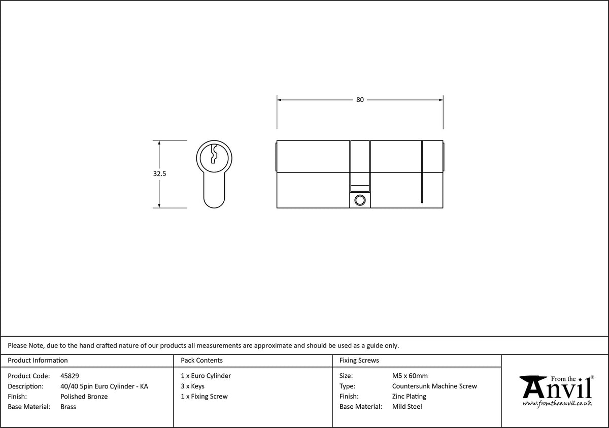 EURO CYLINDER 5PIN ALIKE 40/40 PBZ - 45829 by MARCHES (ANVIL) ARCHITECTURAL HARDWARE