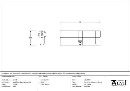 EURO CYLINDER 5PIN ALIKE 45/45 PEW - 45838 by MARCHES (ANVIL) ARCHITECTURAL HARDWARE