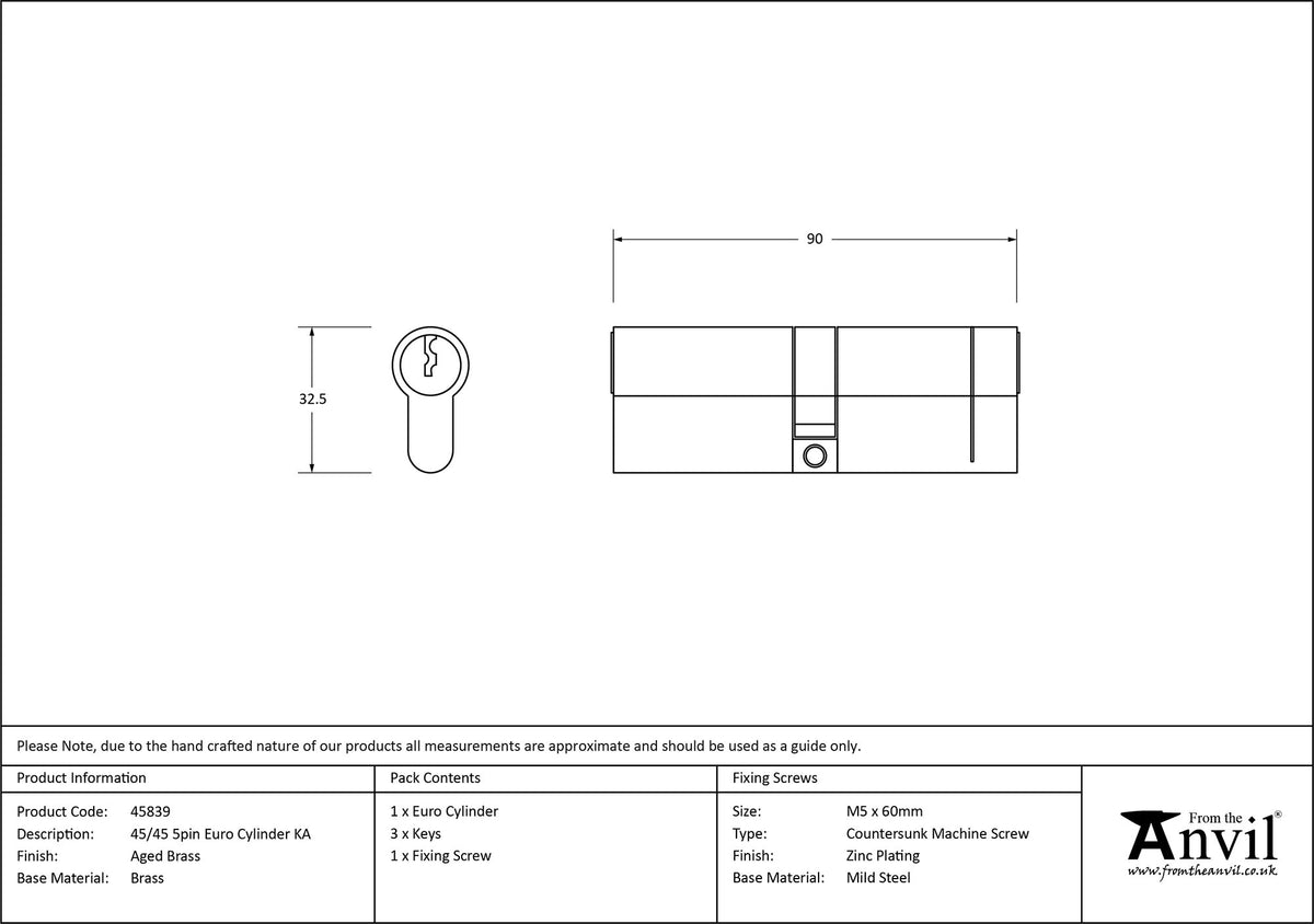 EURO CYLINDER 5PIN ALIKE 45/45 AGBR - 45839 by MARCHES (ANVIL) ARCHITECTURAL HARDWARE