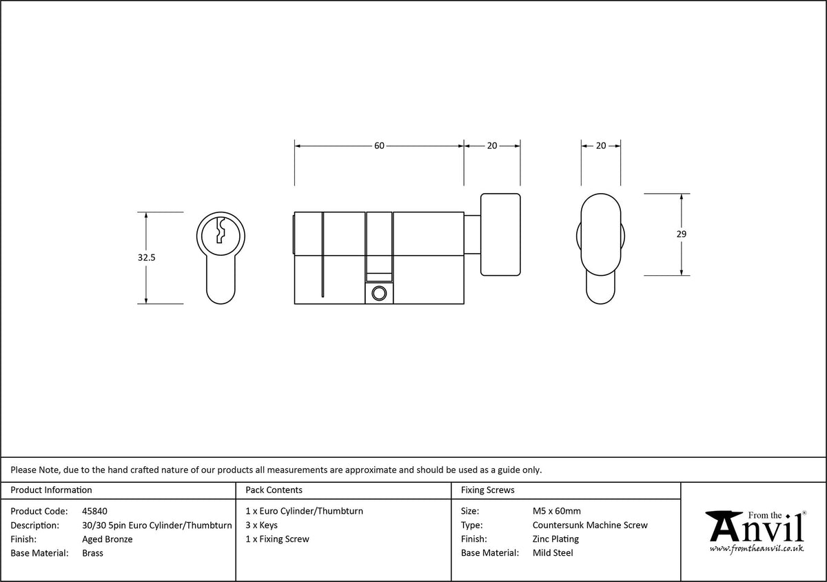 EURO CYLINDER/THUMBTURN 5PIN DIFFER 30/30 AGBZ - 45840 by MARCHES (ANVIL) ARCHITECTURAL HARDWARE