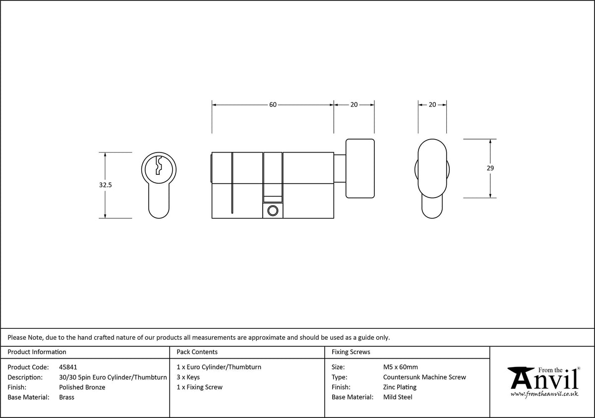 EURO CYLINDER/THUMBTURN 5PIN DIFFER 30/30 PBZ - 45841 by MARCHES (ANVIL) ARCHITECTURAL HARDWARE