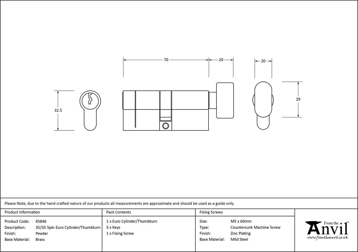 EURO CYLINDER/THUMBTURN 5PIN DIFFER 35/35 PEW - 45846 by MARCHES (ANVIL) ARCHITECTURAL HARDWARE