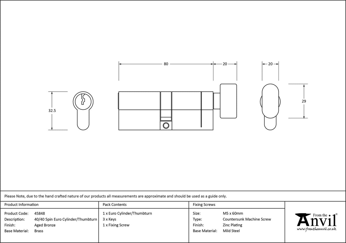 EURO CYLINDER/THUMBTURN 5PIN DIFFER 40/40 AGBZ - 45848 by MARCHES (ANVIL) ARCHITECTURAL HARDWARE