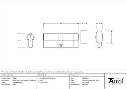 EURO CYLINDER/THUMBTURN 5PIN DIFFER 40/40 PBZ - 45849 by MARCHES (ANVIL) ARCHITECTURAL HARDWARE