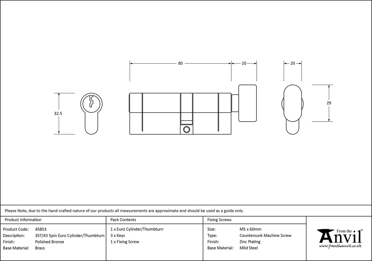 EURO CYLINDER/THUMBTURN 5PIN DIFFER 35T/45 PBZ - 45853 by MARCHES (ANVIL) ARCHITECTURAL HARDWARE