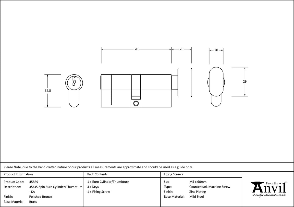 EURO CYLINDER/THUMBTURN 5PIN ALIKE 35/35 PBZ - 45869 by MARCHES (ANVIL) ARCHITECTURAL HARDWARE