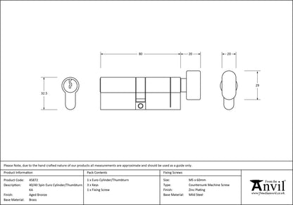 EURO CYLINDER/THUMBTURN 5PIN ALIKE 40/40 AGBZ - 45872 by MARCHES (ANVIL) ARCHITECTURAL HARDWARE