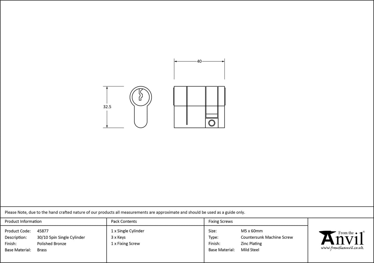 SINGLE CYLINDER 5PIN 30/10 PBZ - 45877 by MARCHES (ANVIL) ARCHITECTURAL HARDWARE