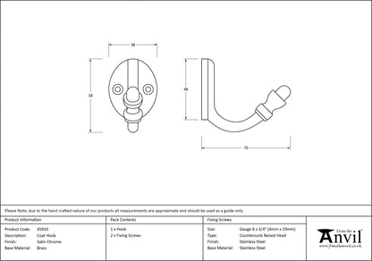 COAT HOOK 58x38x70 SCP - 45910 by MARCHES (ANVIL) ARCHITECTURAL HARDWARE
