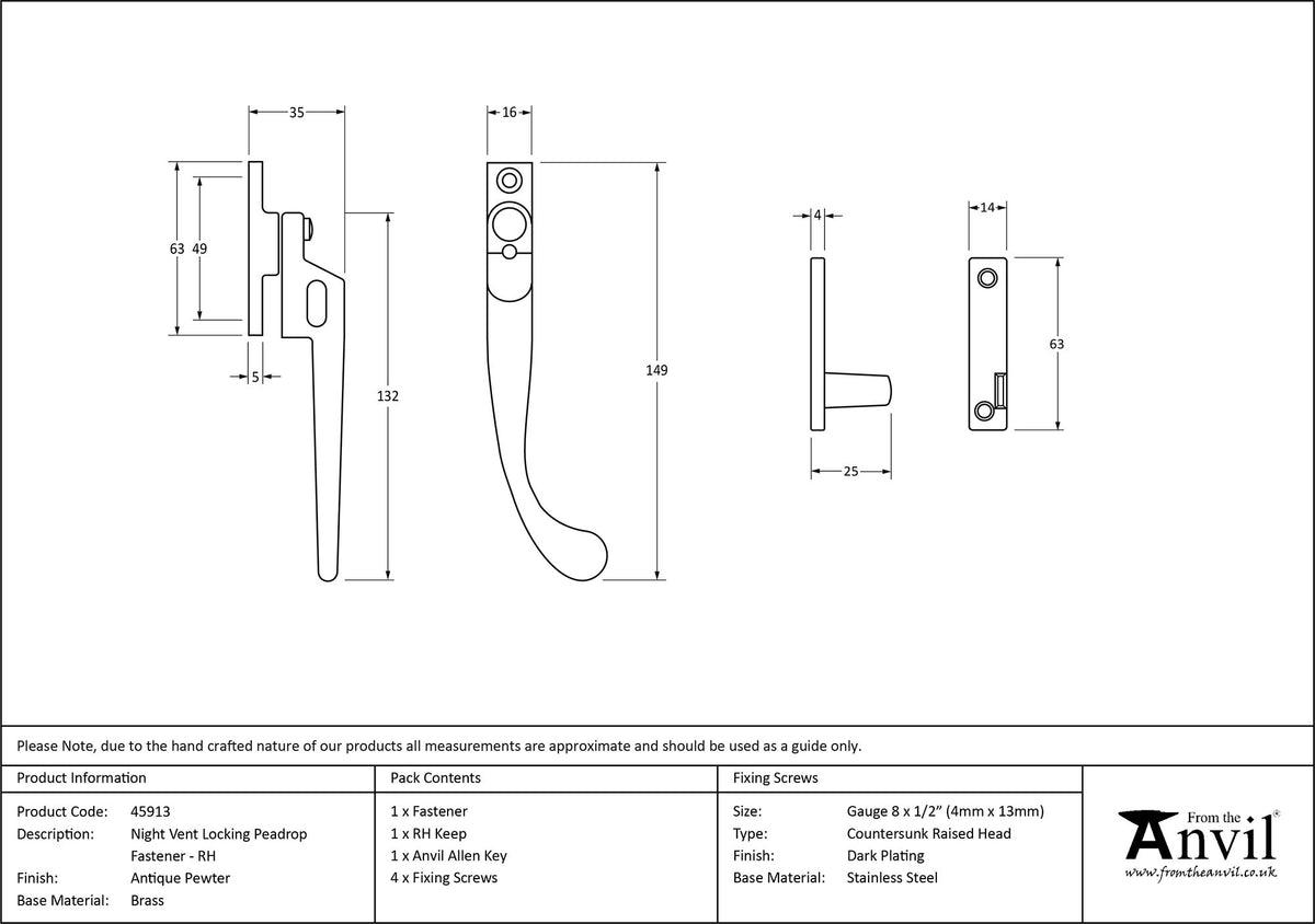 PEARDROP NIGHT VENT FASTENER RH 149x16x35 APW - 45913 by MARCHES (ANVIL) ARCHITECTURAL HARDWARE