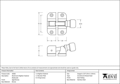 MUSHROOM BRIGHTON FASTENER RAD 55x41x25 AGBZ - 45960 by MARCHES (ANVIL) ARCHITECTURAL HARDWARE