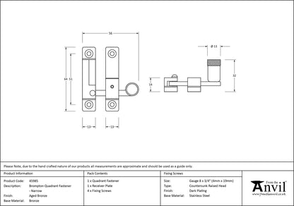 BROMPTON QUADRANT FASTENER NARROW 64x56x32 AGBZ - 45985 by MARCHES (ANVIL) ARCHITECTURAL HARDWARE
