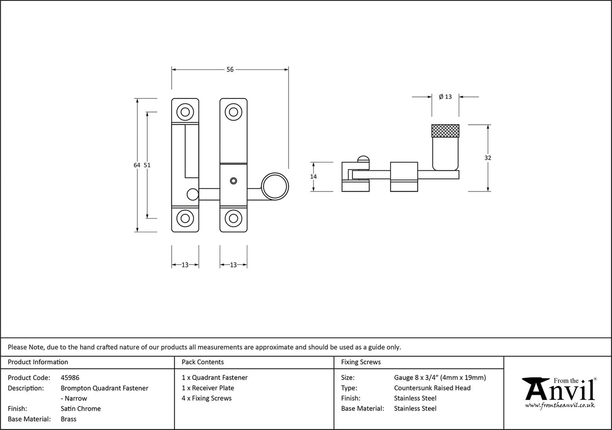 BROMPTON QUADRANT FASTENER NARROW 64x56x32 SCP - 45986 by MARCHES (ANVIL) ARCHITECTURAL HARDWARE