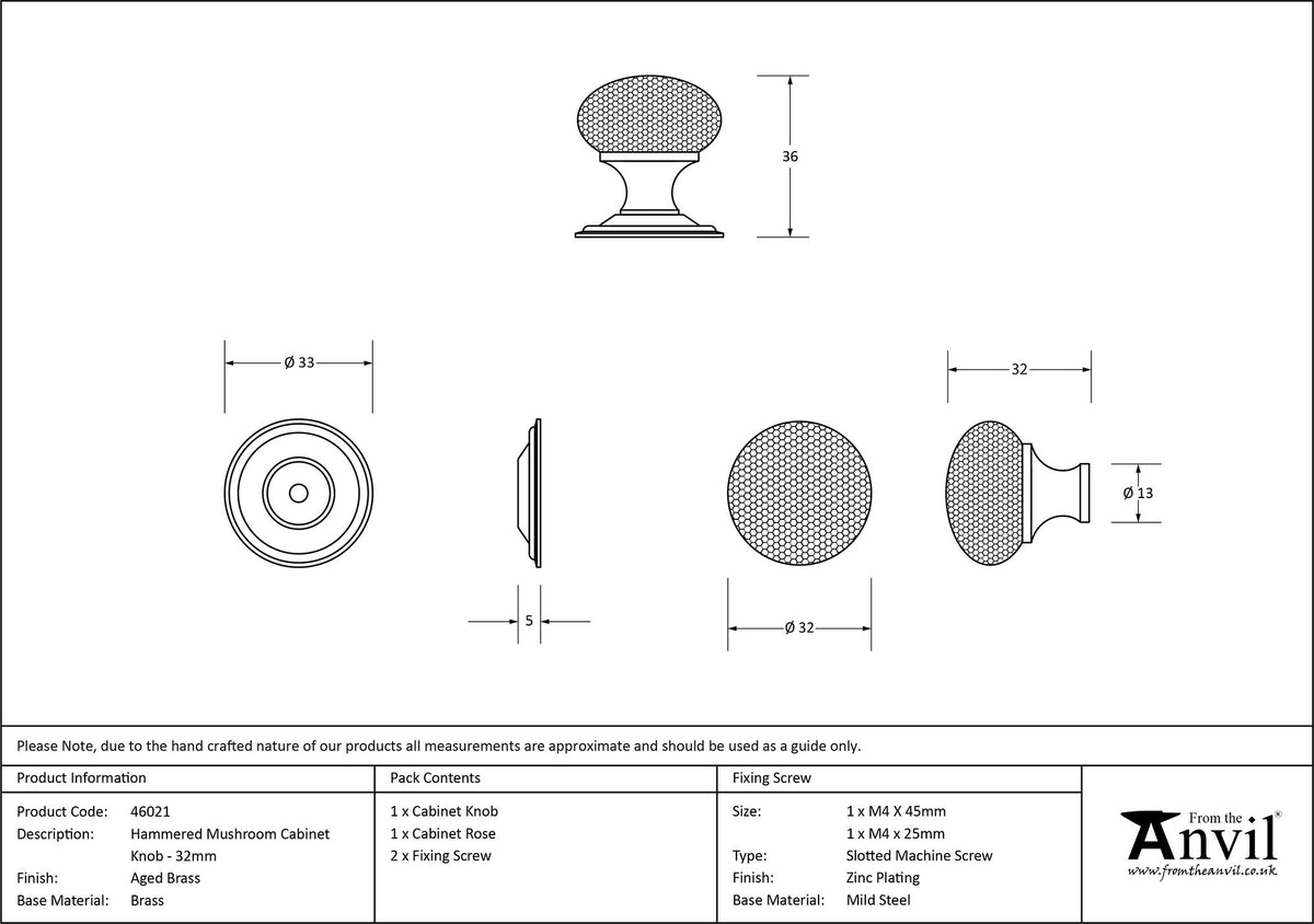 HAMMERED MUSHROOM CABINET KNOB 33x36 AGBR - 46021 by MARCHES (ANVIL) ARCHITECTURAL HARDWARE