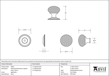 HAMMERED MUSHROOM CABINET KNOB 33x36 AGBR - 46021 by MARCHES (ANVIL) ARCHITECTURAL HARDWARE