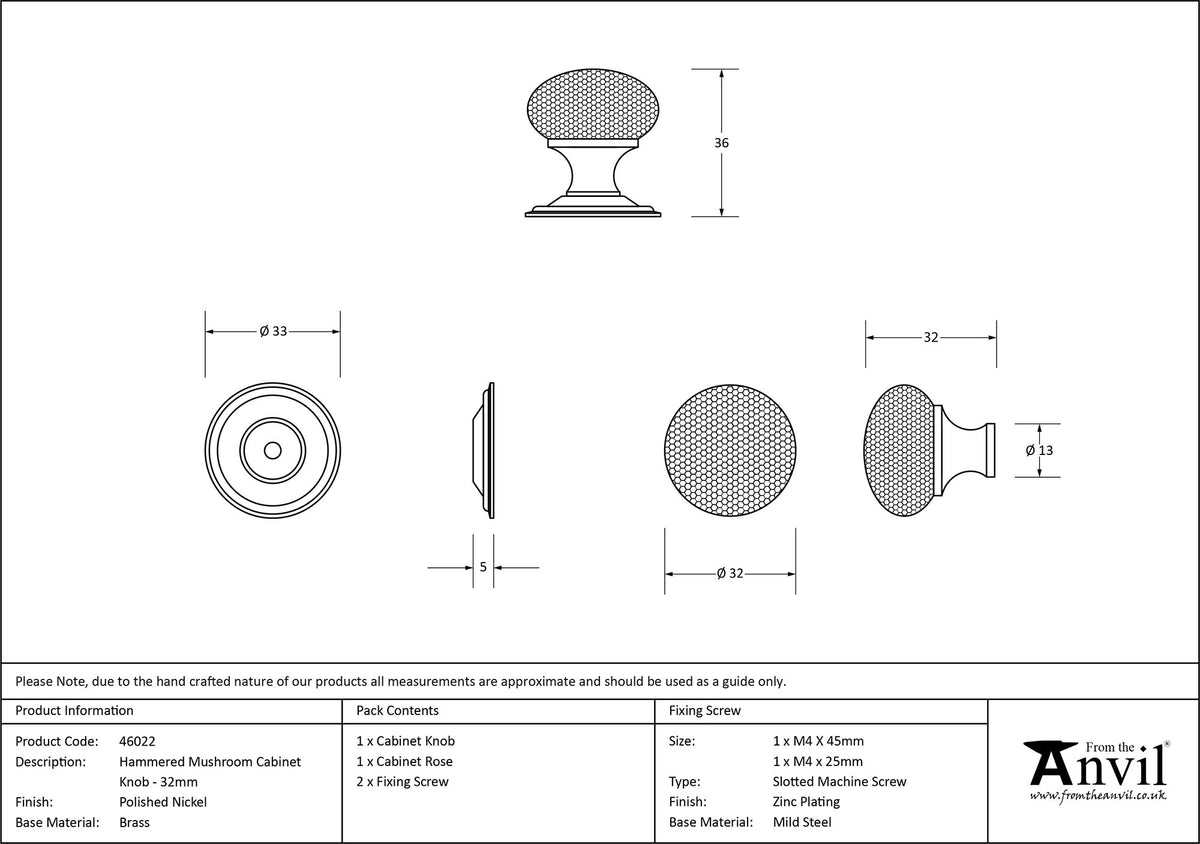 HAMMERED MUSHROOM CABINET KNOB 33x36 PNP - 46022 by MARCHES (ANVIL) ARCHITECTURAL HARDWARE