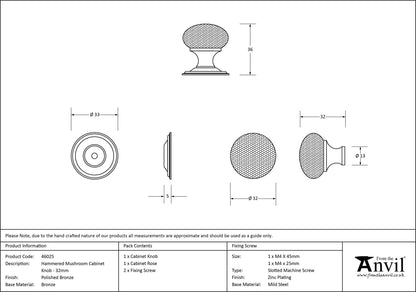 HAMMERED MUSHROOM CABINET KNOB 33x36 PBZ - 46025 by MARCHES (ANVIL) ARCHITECTURAL HARDWARE