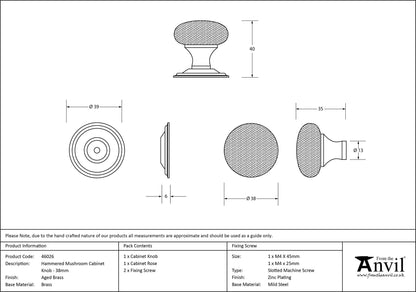 HAMMERED MUSHROOM CABINET KNOB 39x40 AGBR - 46026 by MARCHES (ANVIL) ARCHITECTURAL HARDWARE