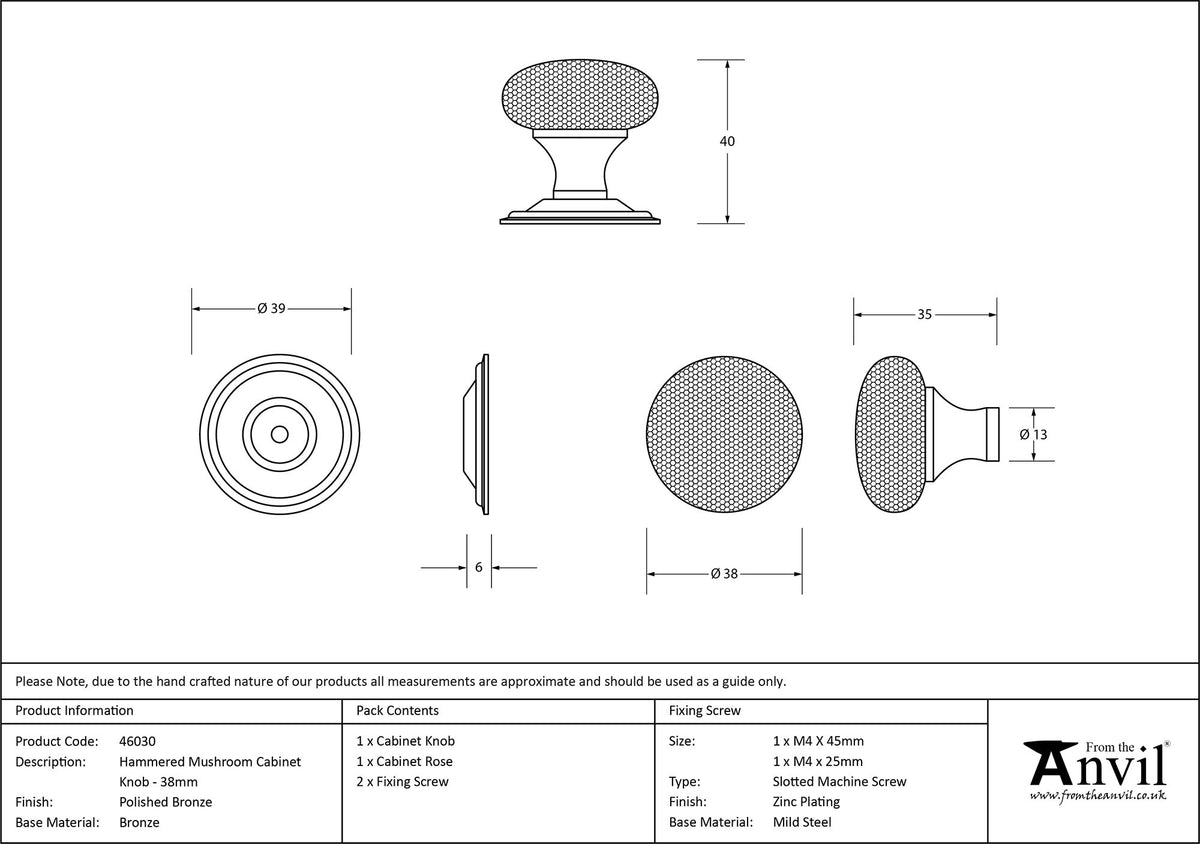 HAMMERED MUSHROOM CABINET KNOB 39x40 PBZ - 46030 by MARCHES (ANVIL) ARCHITECTURAL HARDWARE