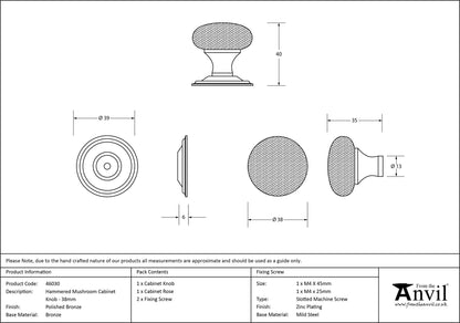 HAMMERED MUSHROOM CABINET KNOB 39x40 PBZ - 46030 by MARCHES (ANVIL) ARCHITECTURAL HARDWARE