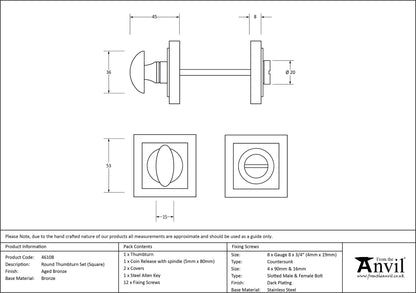 THUMBTURN SET ROUND CNC SQUARE 53x53x45 AGBZ - 46108 by MARCHES (ANVIL) ARCHITECTURAL HARDWARE