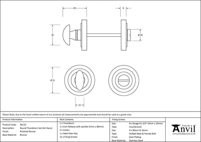 THUMBTURN SET ROUND CNC ART DECO 53x45 PBZ - 46110 by MARCHES (ANVIL) ARCHITECTURAL HARDWARE