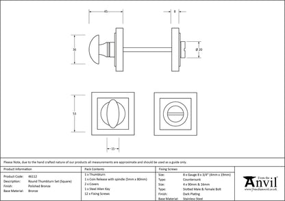 THUMBTURN SET ROUND CNC SQUARE 53x53x45 PBZ - 46112 by MARCHES (ANVIL) ARCHITECTURAL HARDWARE