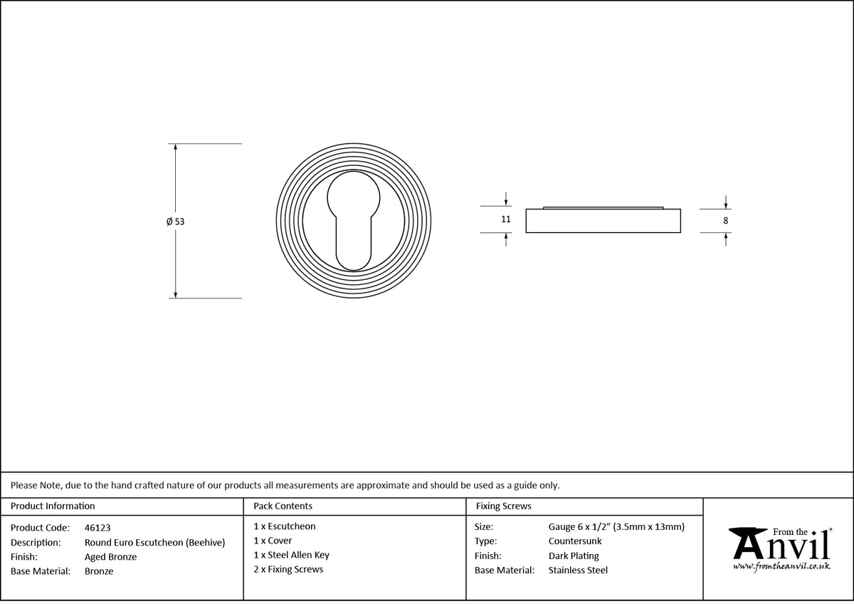 ESCUTCHEON ROUND EURO CNC BEEHIVE 53x8 AGBZ - 46123 by MARCHES (ANVIL) ARCHITECTURAL HARDWARE