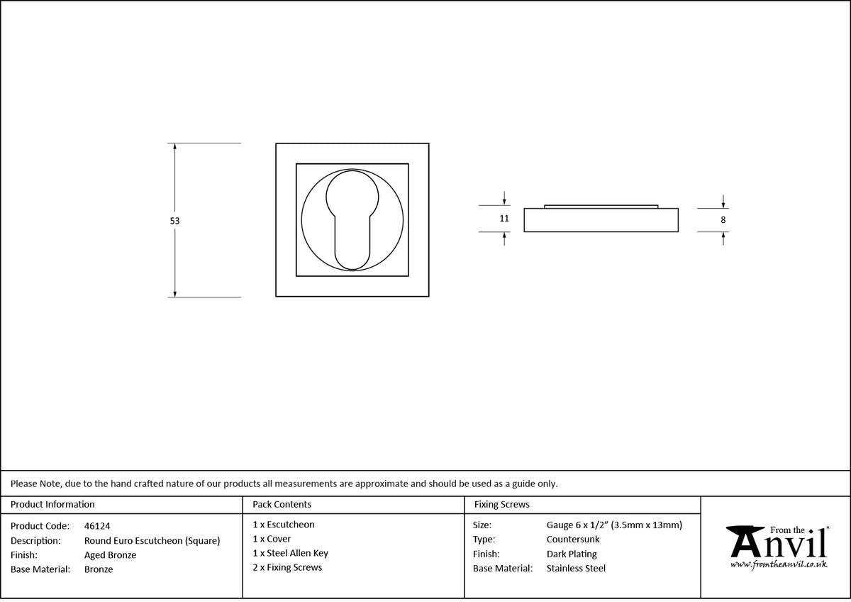 ESCUTCHEON ROUND EURO CNC SQUARE 53x53x8 AGBZ - 46124 by MARCHES (ANVIL) ARCHITECTURAL HARDWARE