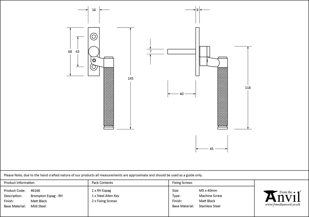 BROMPTON ESPAGNOLETTE RH 145x16x45 MBK - 46166 by MARCHES (ANVIL) ARCHITECTURAL HARDWARE