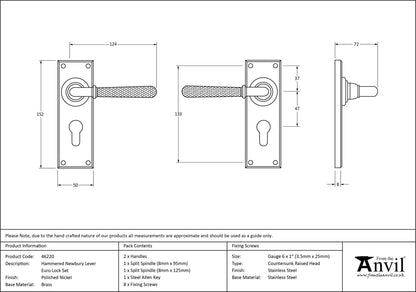 HAMMERED NEWBURY LEVER HANDLE EURO 124x152x70 PNP - 46220 by MARCHES (ANVIL) ARCHITECTURAL HARDWARE