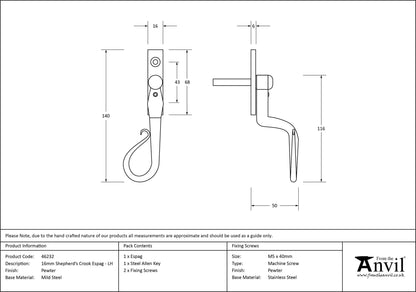 SHEPHERD'S CROOK ESPAGNOLETTE LH 140x16x50 PEW - 46232 by MARCHES (ANVIL) ARCHITECTURAL HARDWARE