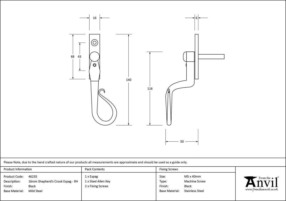 SHEPHERD'S CROOK ESPAGNOLETTE RH 140x16x50 BLK - 46235 by MARCHES (ANVIL) ARCHITECTURAL HARDWARE