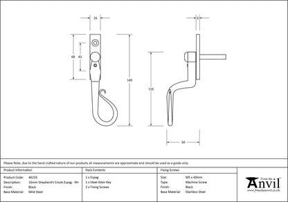 SHEPHERD'S CROOK ESPAGNOLETTE RH 140x16x50 BLK - 46235 by MARCHES (ANVIL) ARCHITECTURAL HARDWARE