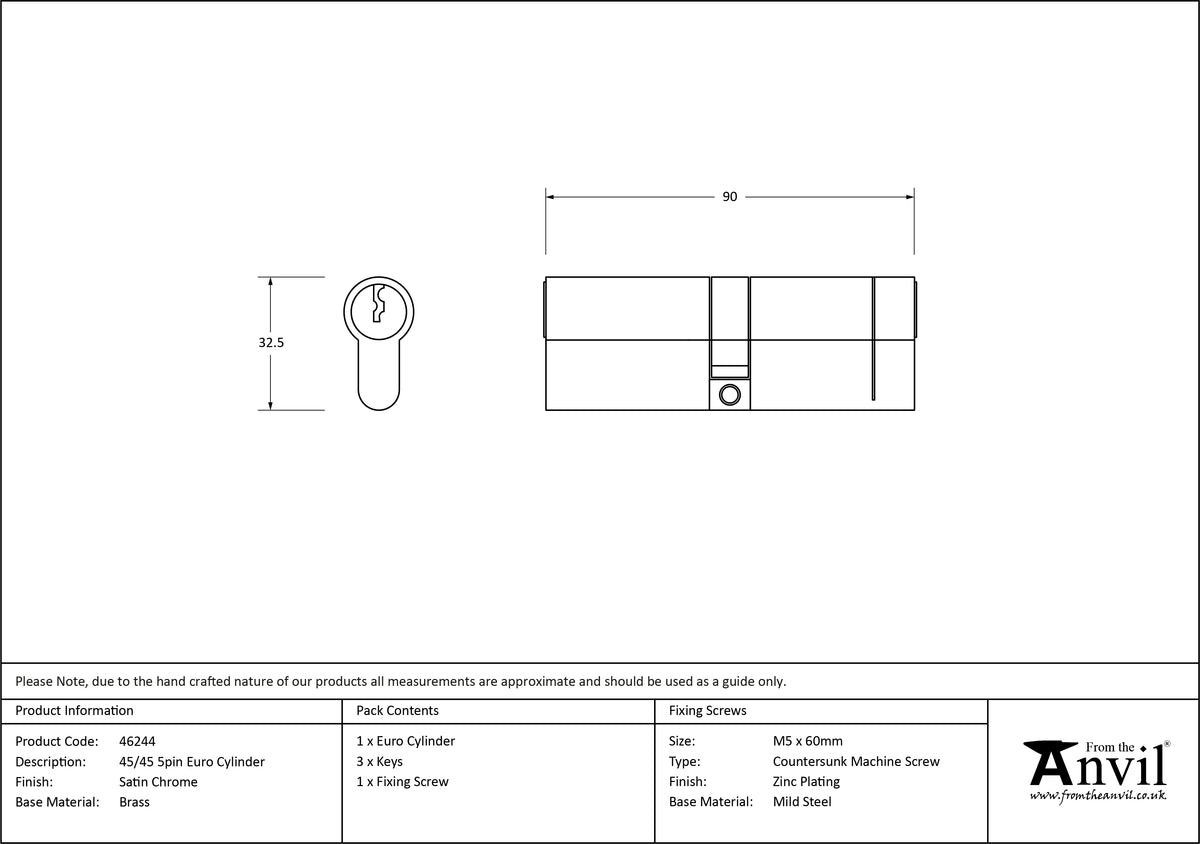 EURO CYLINDER 5PIN DIFFER 45/45 SCP - 46244 by MARCHES (ANVIL) ARCHITECTURAL HARDWARE