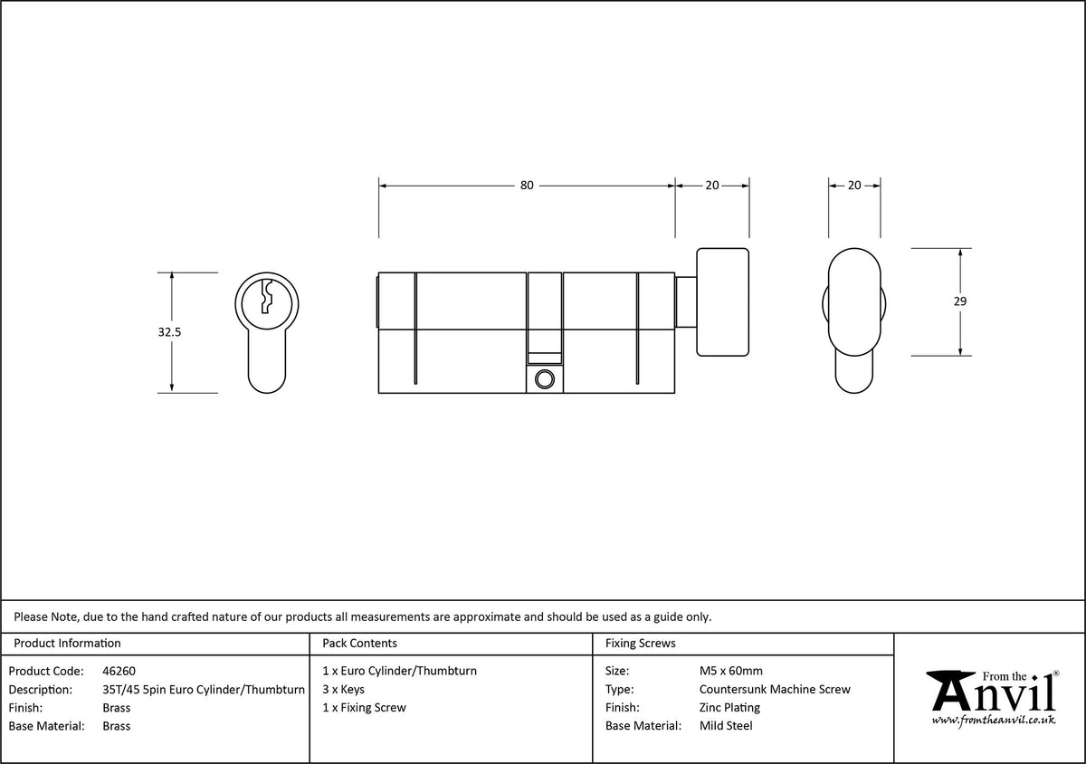 EURO CYLINDER/THUMBTURN 5PIN DIFFER 35T/45 LBR - 46260 by MARCHES (ANVIL) ARCHITECTURAL HARDWARE